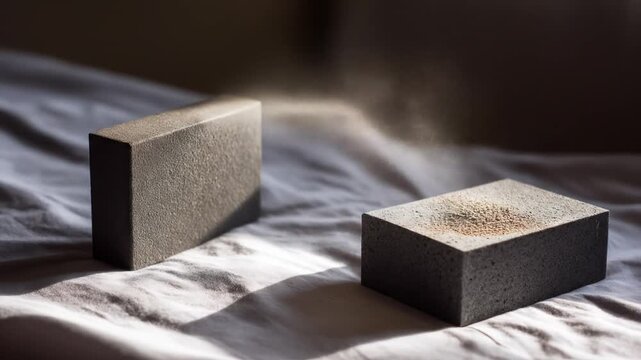 Two rectangular, textured blocks sit on draped fabric with a soft, warm light and shadow