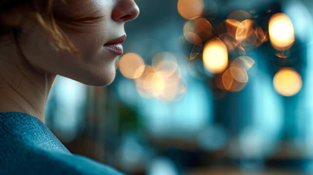 Profile view of a woman with an enigmatic expression, softly illuminated by bokeh lights, evoking serenity and quiet contemplation.