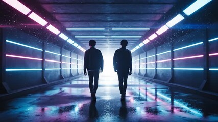 Silhouetted men walking through a dark futuristic tunnel illuminated by vibrant blue and pink neon lights reflecting on the wet ground, symbolizing progress and exploring the unknown future - Powered by Adobe