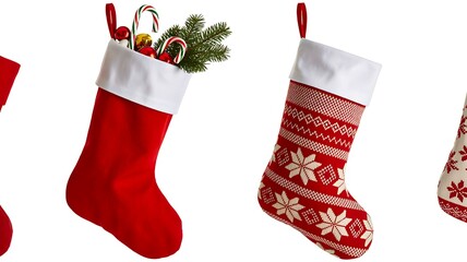 Red and white christmas stockings with festive decorations and candy canes isolated on white background