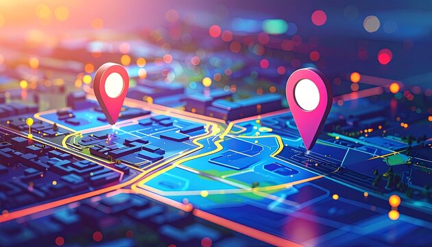 Abstract map with roads, buildings, and location markers, glowing with light and color, conveying navigation