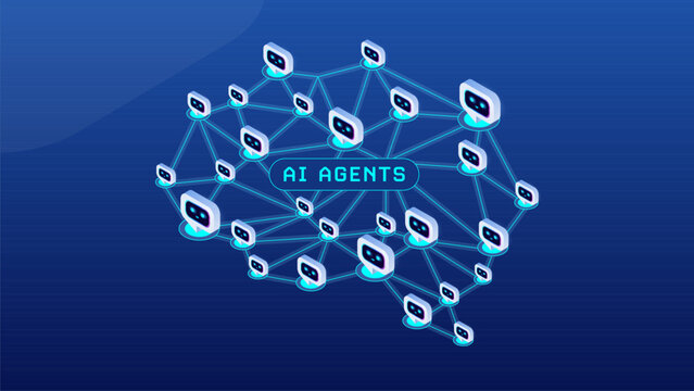 Agentic AI Network workflow concept - Multi AI agents connected in a shape of a digital brain - isometric technology infographic vector
