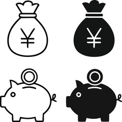 Yen currency symbol money bag and piggy bank icons set