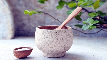 A speckled ceramic bowl with a wooden spoon rests on a surface next to a small dish filled with white salt, with greenery in the background.