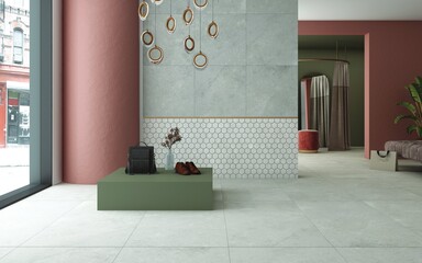 Boutique interior. Stylish fashion studio with quartz counter, soft lighting, and luxury setup. Mockup. 3D Rendering