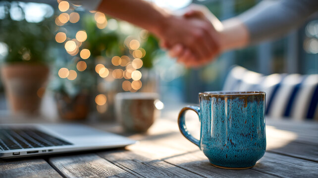 A handshake over a wooden table with coffee mugs and a laptop symbolizes partnership and agreements in a cozy, relaxed atmosphere.