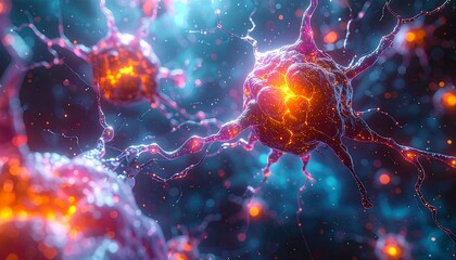 Abstract microscopic view of illuminated neurons. Bright glowing centers with fine tendrils extending into a blurred background