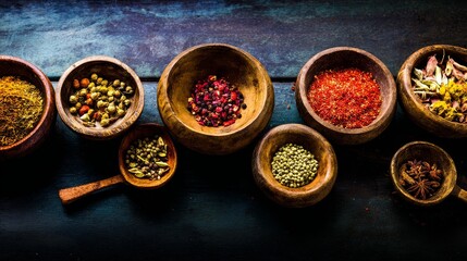 Macro view of colorful spices arranged in rustic bowls symbolizing culinary heritage global culture and food lifestyle