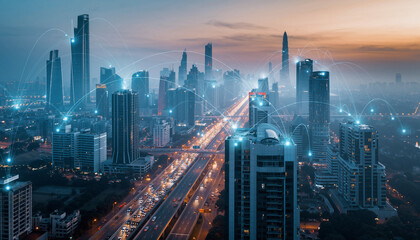 Fototapeta premium A cityscape with a highway running through it, illuminated by artificial lights and connected by digital network lines.