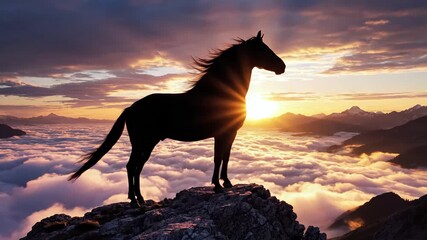 Horse silhouette stands strong on a rugged mountain peak, gazing over an expansive cloudscape with a vibrant sunset illuminating the sky and distant ridges - Powered by Adobe
