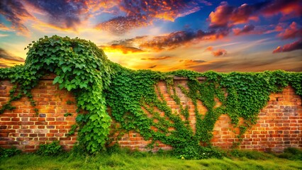 Vibrant green ivy covers old brick wall under dramatic sunset sky