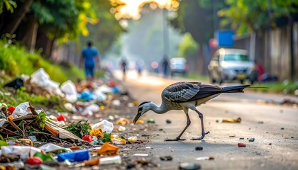 Bird amidst roadside trash, urban background, blurred people and vehicles