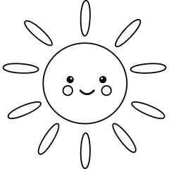 Outline Drawing Of A Happy Cartoon Sun With Oval Rays On A Transparent Background For Coloring