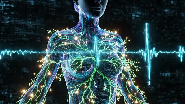Human body visualization merging ai and medical tech, showing glowing neural networks, digital pulse and data streams for futuristic monitoring, diagnostics and bio-analytics