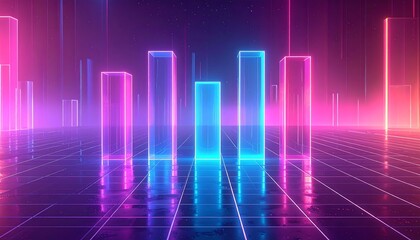 Abstract neon gridscape with glowing rectangular forms, lit in blues, pinks, and purples, evokes a virtual, digital space