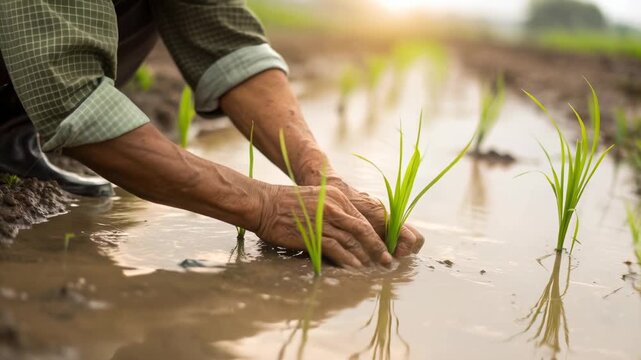 Farmer planting rice seedling by hand flooded paddy field sunrise and golden hour, hands gently placing saplings wet mud with careful irrigation care