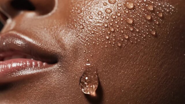 Close-up of black woman's glowing, hydrated skin with clear water droplets and a large bead highlighting fresh, moisturized, healthy complexion and natural beauty