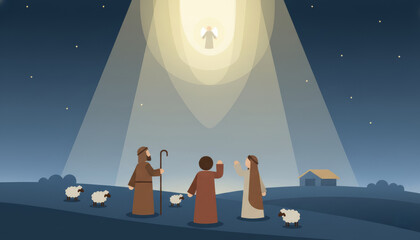 Fototapeta premium A graphic illustration of the Christmas Nativity story, showing the Annunciation to the Shepherds. An angel appears in a bright beam of light from the starry night sky, while three shepherds.