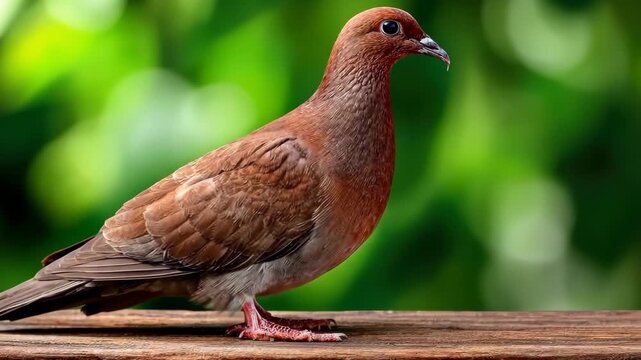 Brown pigeon stands on a wooden surface in a lush green setting highlighting its beautiful plumage and serene nature