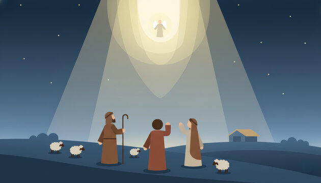 A graphic illustration of the Christmas Nativity story, showing the Annunciation to the Shepherds. An angel appears in a bright beam of light from the starry night sky, while three shepherds.