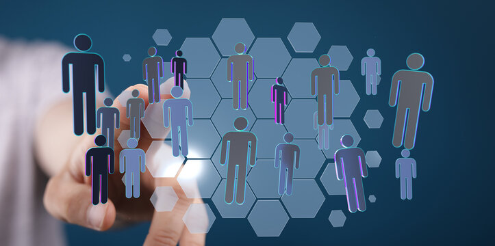 Hand interacting with digital figures representing a network, teamwork, business collaboration and people conne