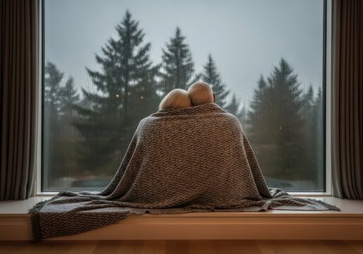 Man and woman covered by blanket, looking out window at winter landscape. Elderly couple enjoying warmth and togetherness on a rainy day.