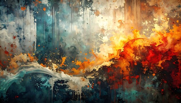 Abstract painting swirling blues/whites on one side, fiery reds/oranges on other, connected by splatters, drips & splatters