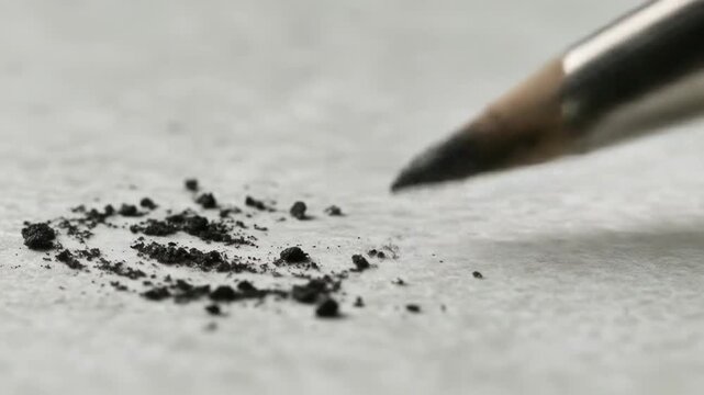 Macro shot of a pencil tip with graphite particles on paper, close-up with soft focus
