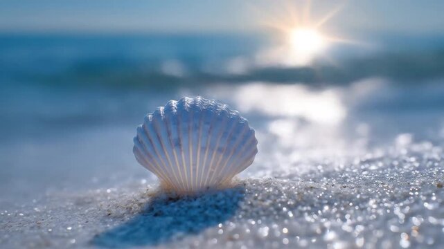 A close-up shot of a white seashell on a sandy beach, blurred ocean background and sun