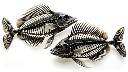 Two intricately detailed fish skeletons facing each other on a white background
