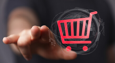 A person's hand holding a digital shopping cart, representing online shopping, sales, e-commerce, and technology.