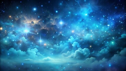 Dreamy blue nebula with glowing stars and cosmic clouds