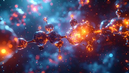 Abstract render of an organic molecular chain with glowing orange and blue lights in the background