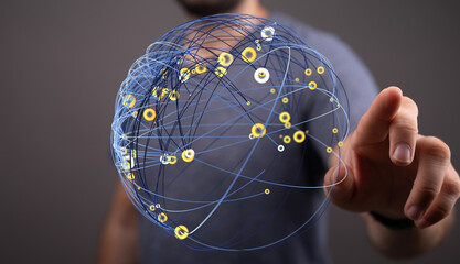 Person interacting with a glowing digital globe. Concept of network, connection, and data visualization. Ideal for technology, commun