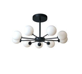 Orb chandelier black metal structure with eight glowing white spheres