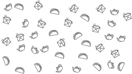 Teapots, drums, and tacos create a playful mess on a white background. Perfect for food or musicthemed designs. Colorful and eclectic visual elements.