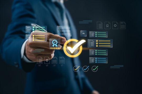 Quality assurance and certification concept. business professional selecting digital checklist and approval system. performance validation, compliance process and standard document verification