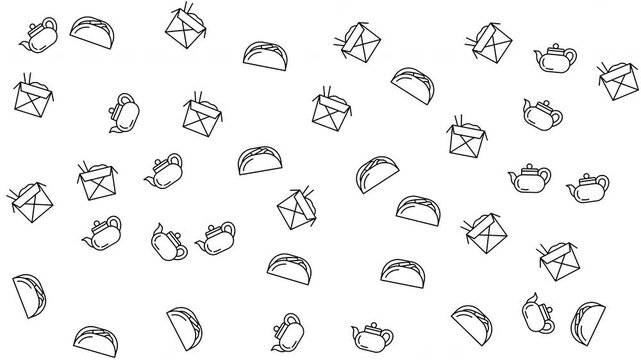 Teapots, drums, and tacos create a playful mess on a white background. Perfect for food or musicthemed designs. Colorful and eclectic visual elements.