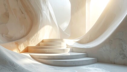 Abstract steps lead upward in a softly lit, organic structure with smooth, textured surfaces and flowing forms
