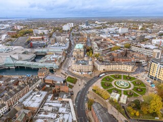 Aerial view of downtown district of Hull, England. Kingston upon Hull, usually shortened to Hull, is a historic maritime city and unitary authority area in the East Riding of Yorkshire, England.