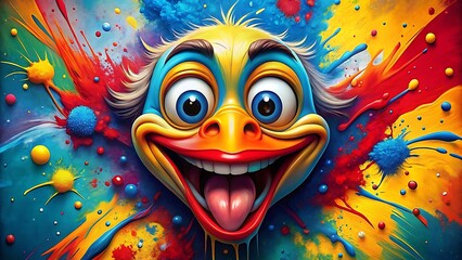 Whimsical cartoon duck character with a wide grinning mouth and colorful splatter background