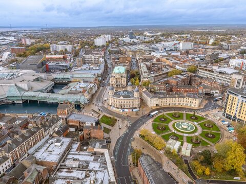 Aerial view of downtown district of Hull, England. Kingston upon Hull, usually shortened to Hull, is a historic maritime city and unitary authority area in the East Riding of Yorkshire, England.