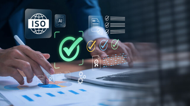 ISO certification and quality compliance concept. businessman reviewing audit documents on laptop, focusing on digital checklist, performance validation, and process improvement for standard assurance - Powered by Adobe