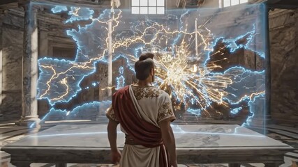 Roman centurion in a marble hall studies a holographic map of electric blue and gold energy flows, merging ancient command with futuristic strategy and global influence - Powered by Adobe
