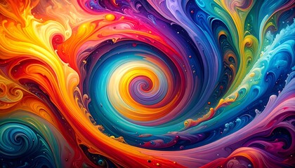 Abstract swirl of vibrant, rainbow-colored streaks forming a central spiral, creating a dynamic and fluid composition