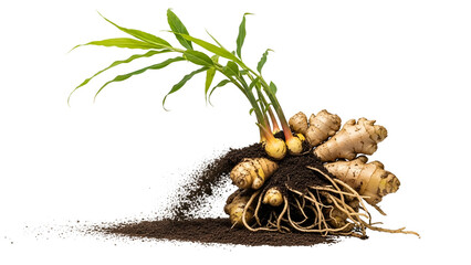 Ginger Root with Green Shoots and Roots Displayed on Soil Against Transparent Background