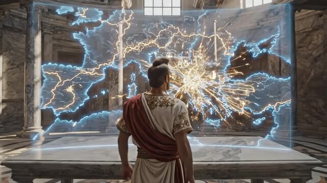 Roman centurion in a marble hall studies a holographic map of electric blue and gold energy flows, merging ancient command with futuristic strategy and global influence