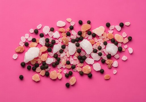 Black peppercorn, pink himalayan salt and crystal sugar on pink background. Cooking ingredient food seasoning concept. - Powered by Adobe