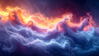 Abstract swirling cloud of orange light transitioning into wisps of purple-blue smoke-like form