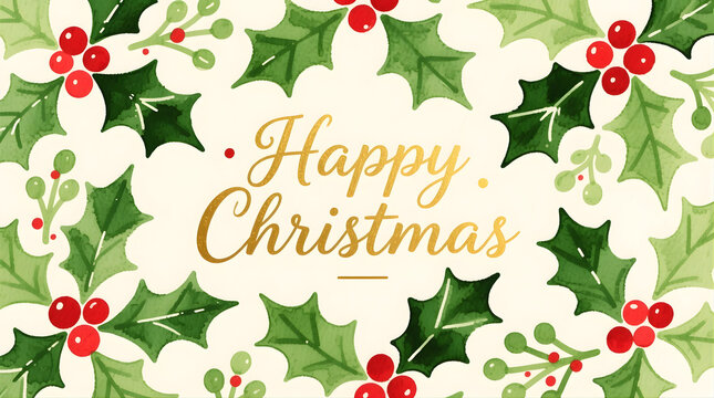  Watercolor holly and mistletoe pattern, painted in loose green and red brush strokes on cream paper, “Happy Christmas” in elegant gold typography — bright and festive.